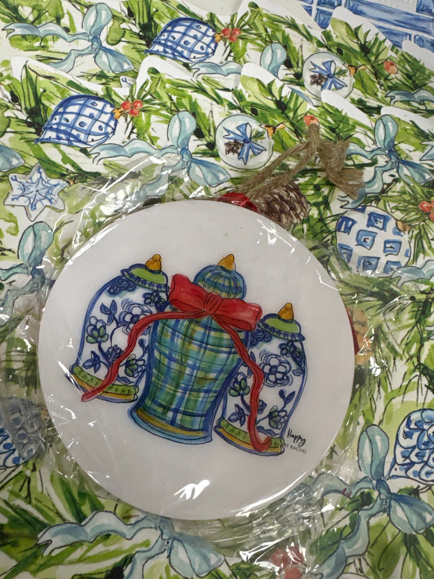 Plaid ginger, jar, trio, wood, and enamel ornament