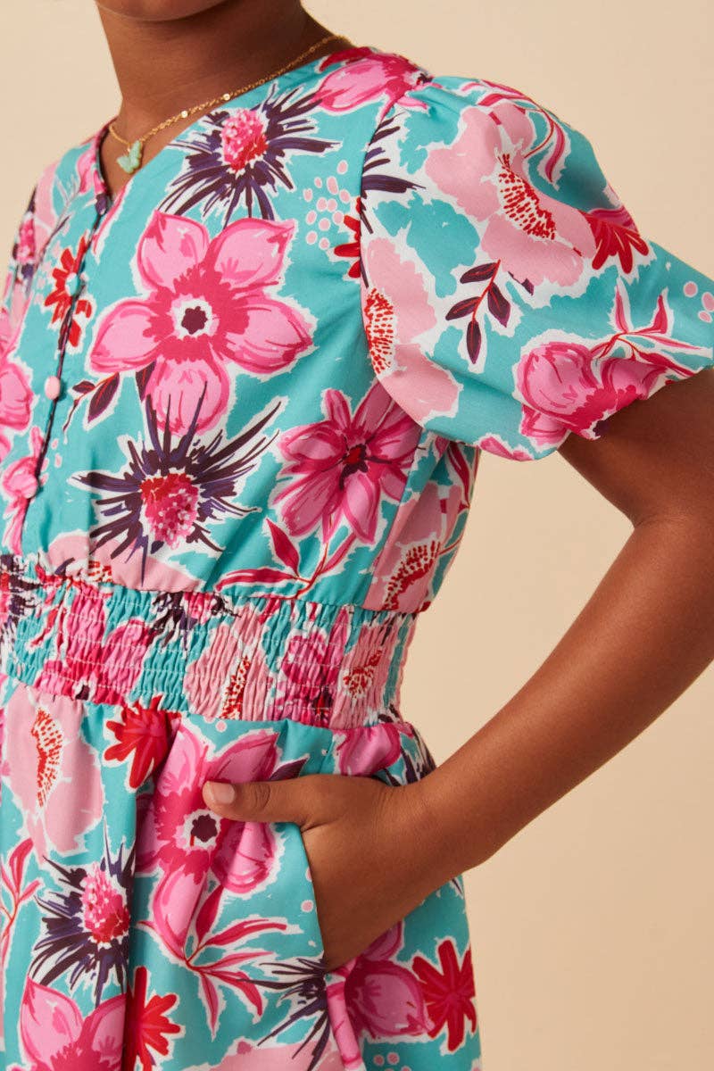 Girls Floral Print Smocked Waist Button Detail Dress