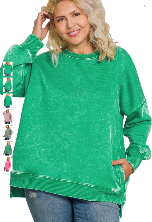 Plus Acid Wash Fleece Hi-low Hem Pullover
