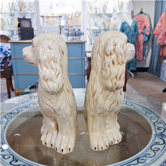 STAFFORDSHIRE DOGS W/ GOLD CHAIN-ANTIQUE CREAM -PAIR