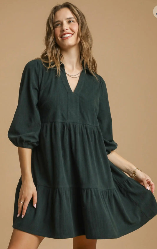Tiered Corduroy Mini Dress with Balloon Sleeves