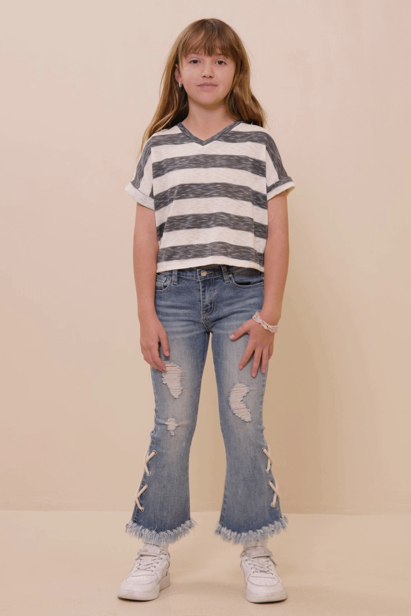 Girls Heathered Stripe V Neck Knit Top