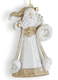 5" White Gold & Silver Resin Santa Ornament