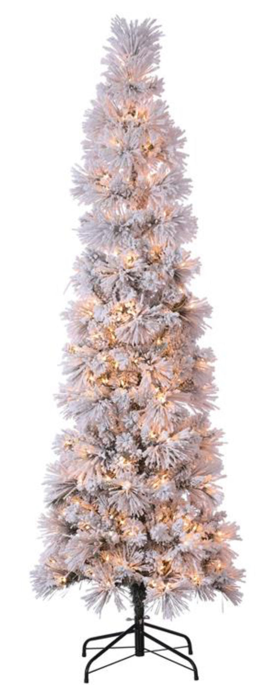 7' ICELAND FIR COLUMN TREE, FLOCKED, PRE-LIT W/300 CLEAR LIGHTS, 355 TIPS, 28" DIAMETER