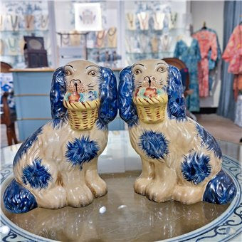 STAFFORDSHIRE FLOWER BASKET DOGS-BLUE -PAIR