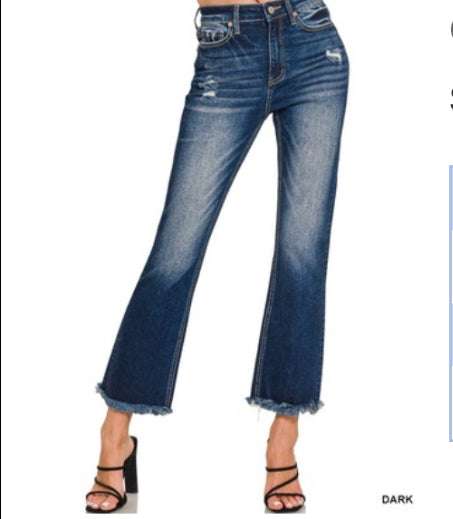 Plus High Rise Straight Raw Hem Cropped Jean with Dark Wash