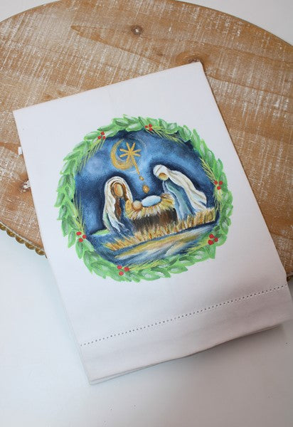 Hand painted tea towel holy family midnight