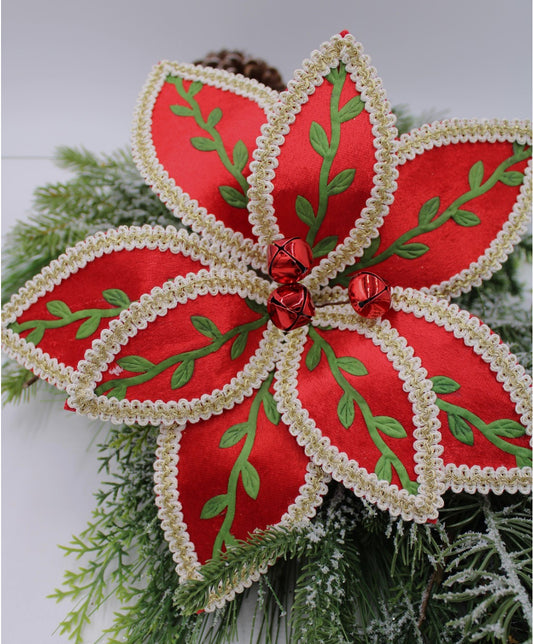 11x15.75" Red Poinsettia Stem, Green Vines w/ Jingle Bell Center