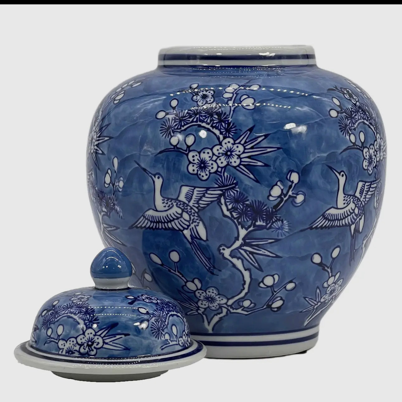 Blue and white floral crane ceramic chinoiserie ginger jar