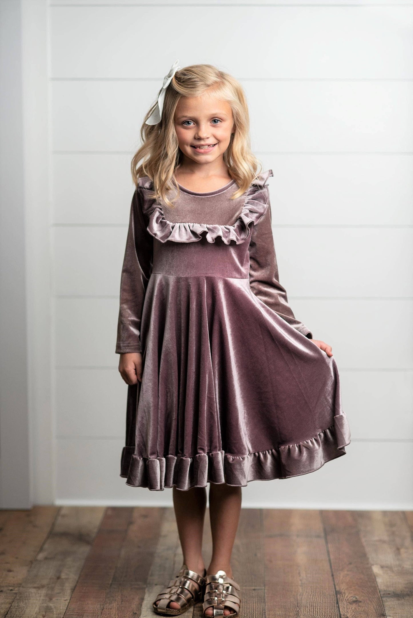 Kids Lavender Velvet Ruffle Winter Christmas Holiday Dress