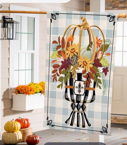 Courtly Check Fall Floral Burlap House Flag,