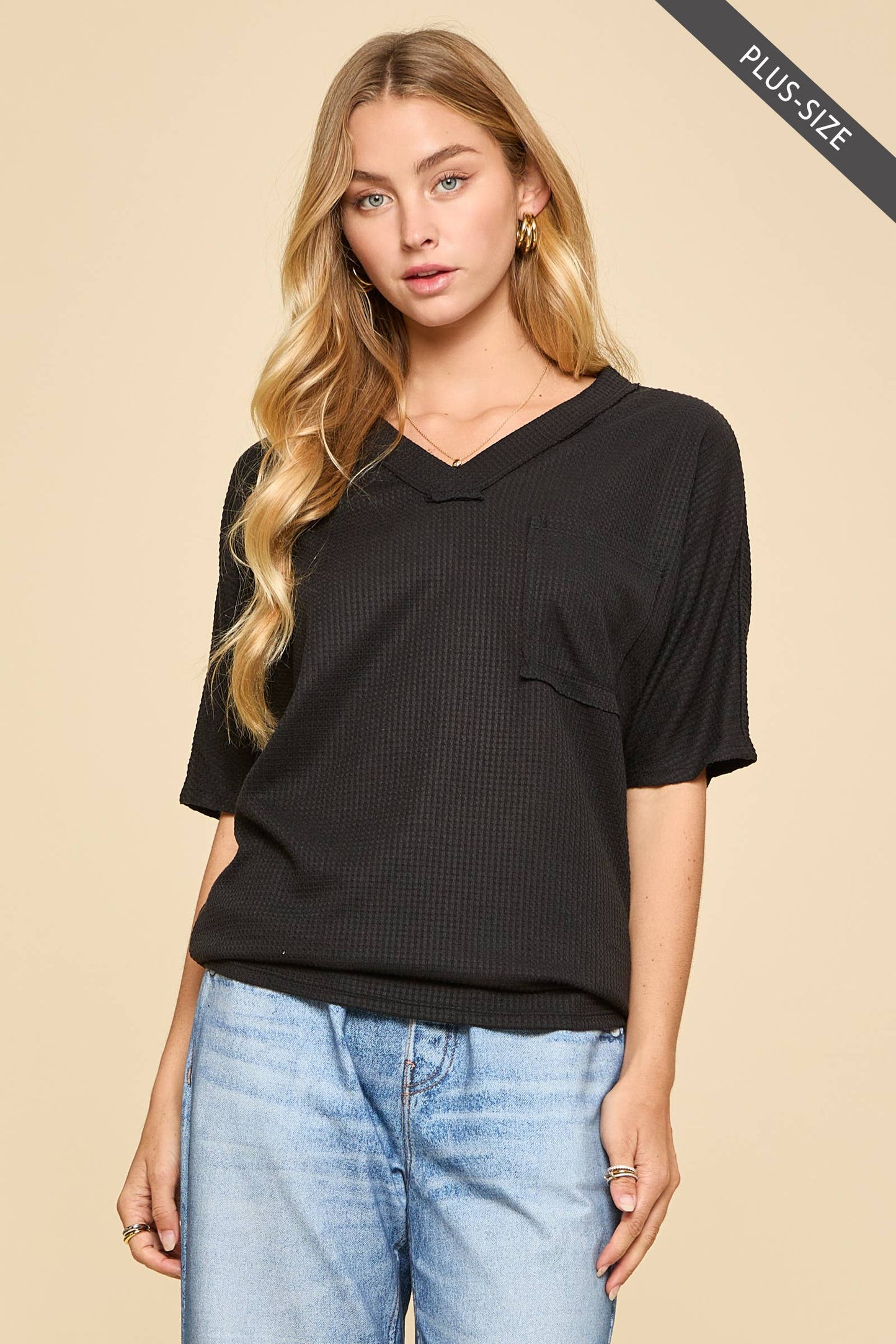 PLUS SIZE Two Tone Waffle Knit Top