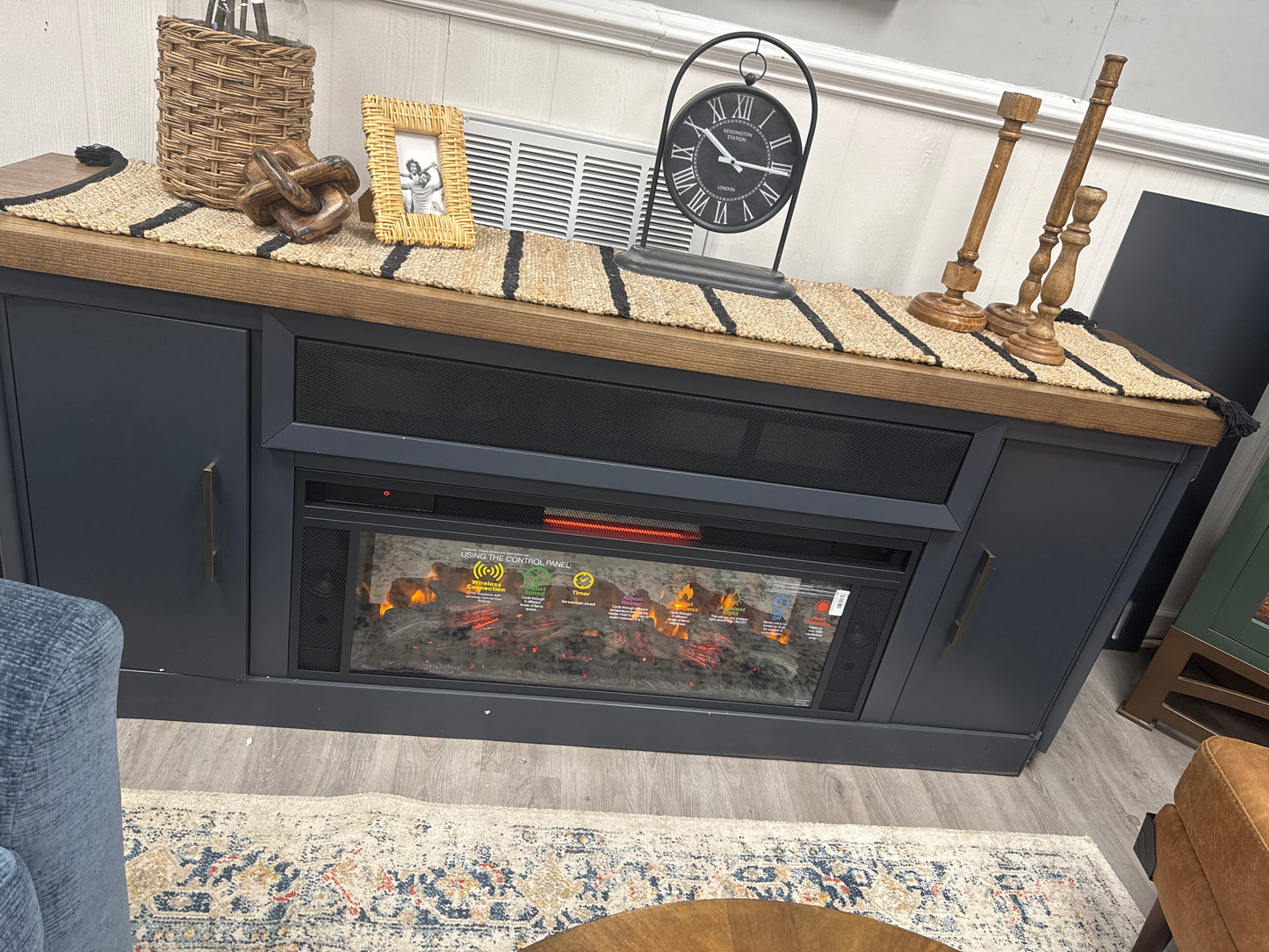 Blue fireplace console