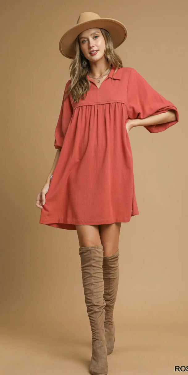 Linen Collared Babydoll Mini Dress