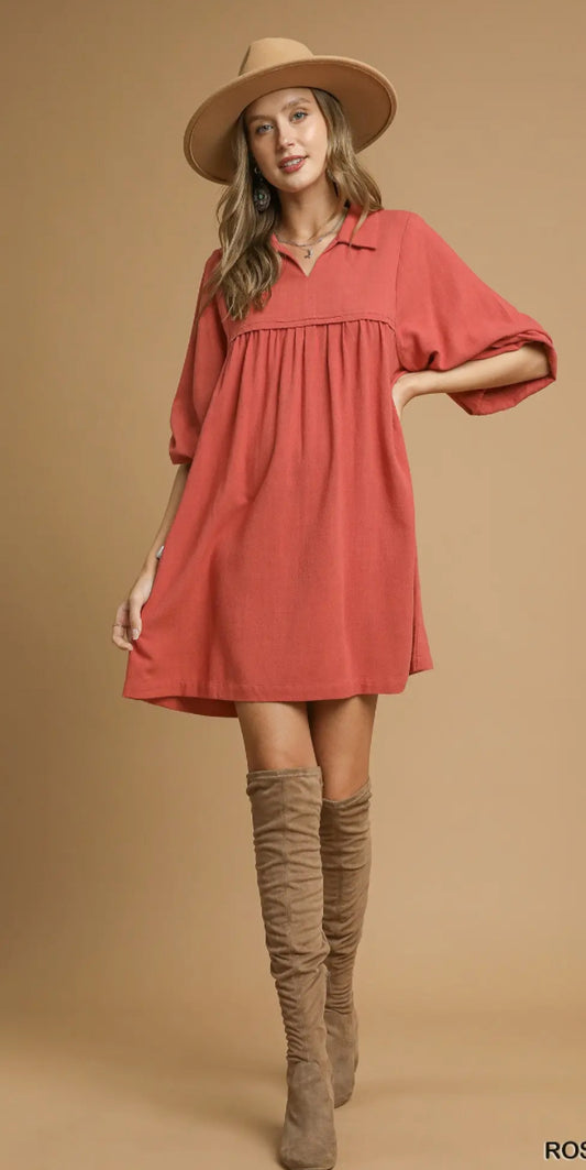 Linen Collared Babydoll Mini Dress