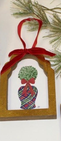 3.5x.5x5" Framed Ornament, Topiaries in Plaid Pots