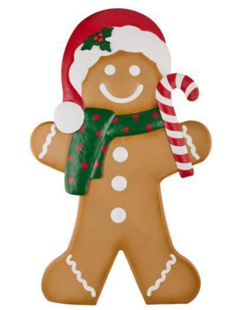 48"H X 32"L TIN GINGERBREAD FIGURE, BROWN, RED, EMERALD AND WHITE