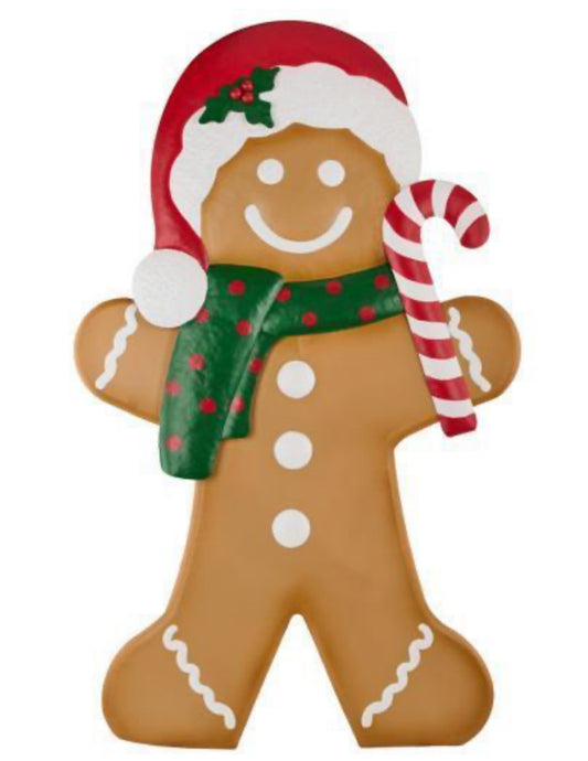 48"H X 32"L TIN GINGERBREAD FIGURE, BROWN, RED, EMERALD AND WHITE
