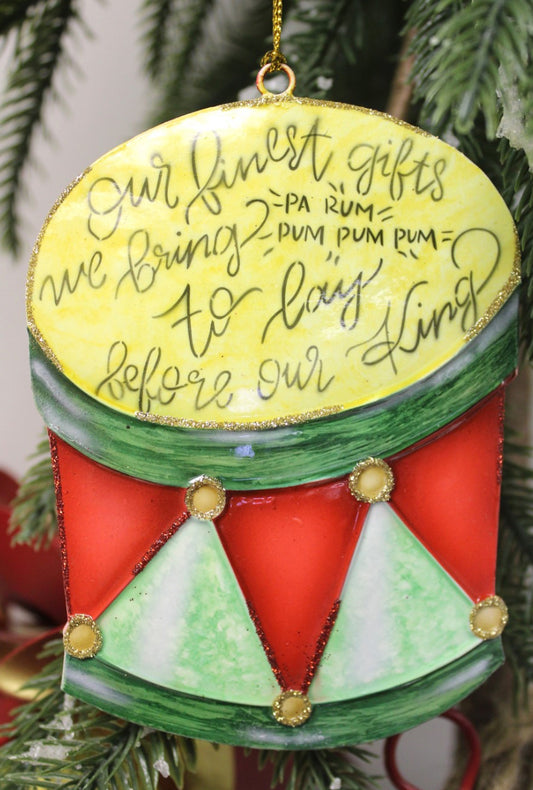 3.5x5" Handpainted Molded Metal Drum Ornament