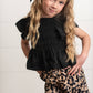 Kids Black Shirred Top & Leopard Print Bow Spring Short Set