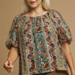 Boho Floral Stripe Puff Sleeve Blouse
