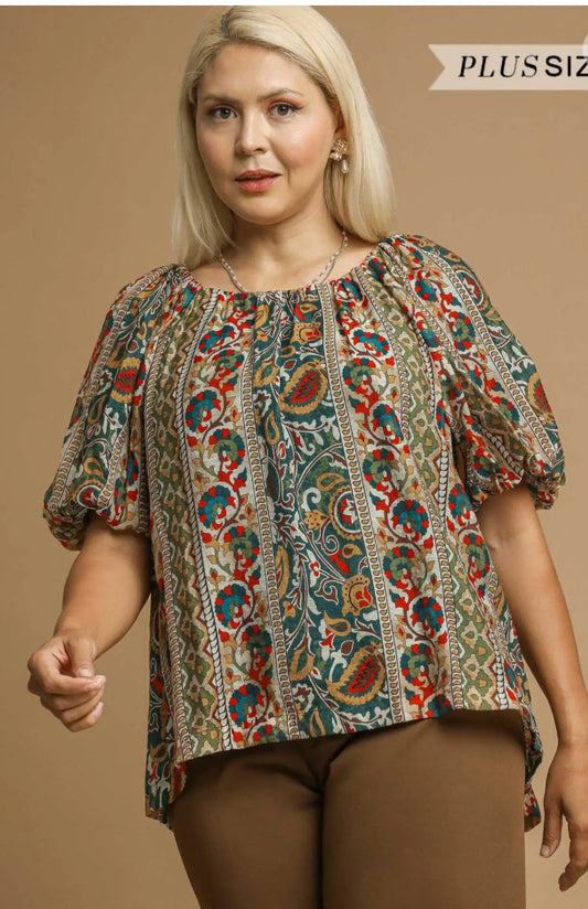 Boho Floral Stripe Puff Sleeve Blouse