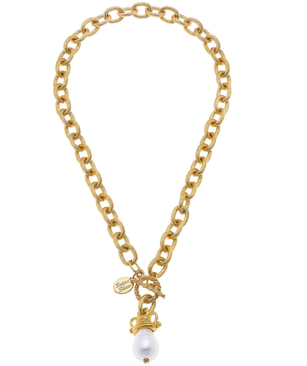 Gold, toggle and cotton pearl drop necklace