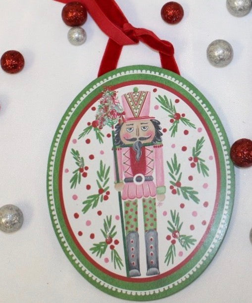 4.5x6" Nutcracker Ornament with Glitter, and Velvet Ribbon