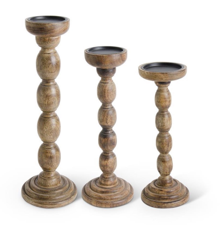 Brown Wood Spindle Candleholders