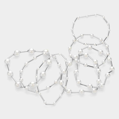 7PCS - Pearl Metal Ball Beaded Stretch Multi Layered Bracelets