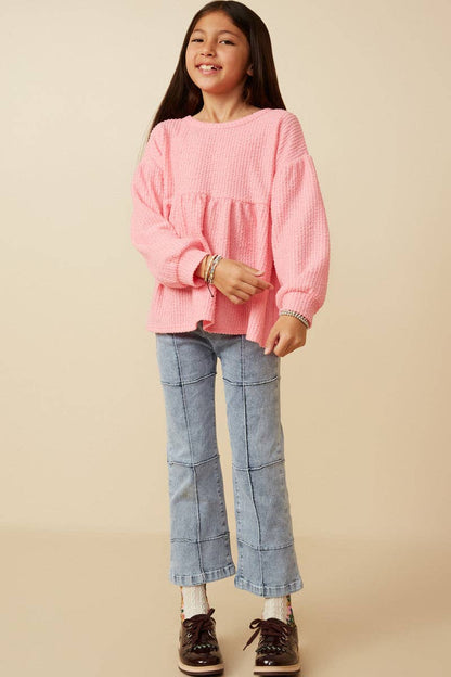 Girls Textured Crushed Rib Puff Sleeve Peplum Knit Top