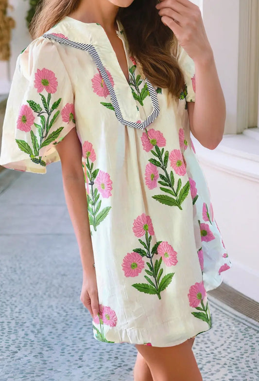 Floral short sleeve split neck mini dress
