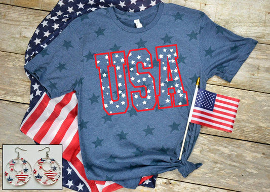 USA Stars Blue Graphic T-Shirt for Women