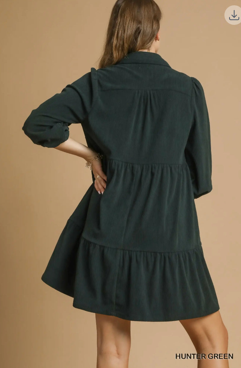 Tiered Corduroy Mini Dress with Balloon Sleeves