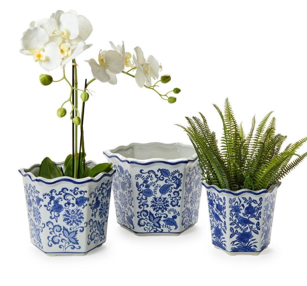 Hand-Painted Blue and White Floral Planters