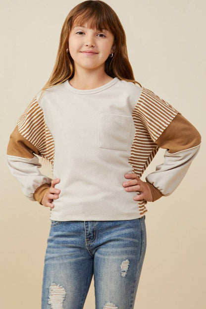 Girls Stripe And Color Block Sleeve Detail Knit Top