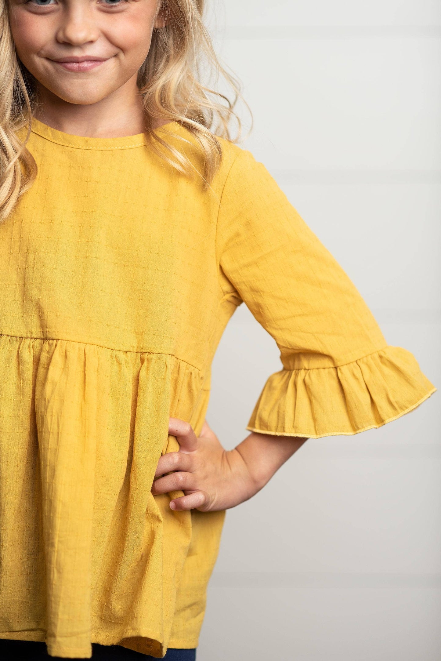 Kids Mustard Ruffle Long Sleeve Shirt With Buttons