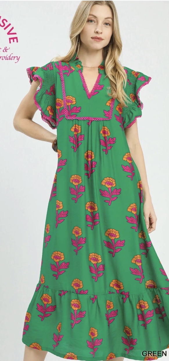 Green Floral Ruffle Trim Tiered Maxi Dress