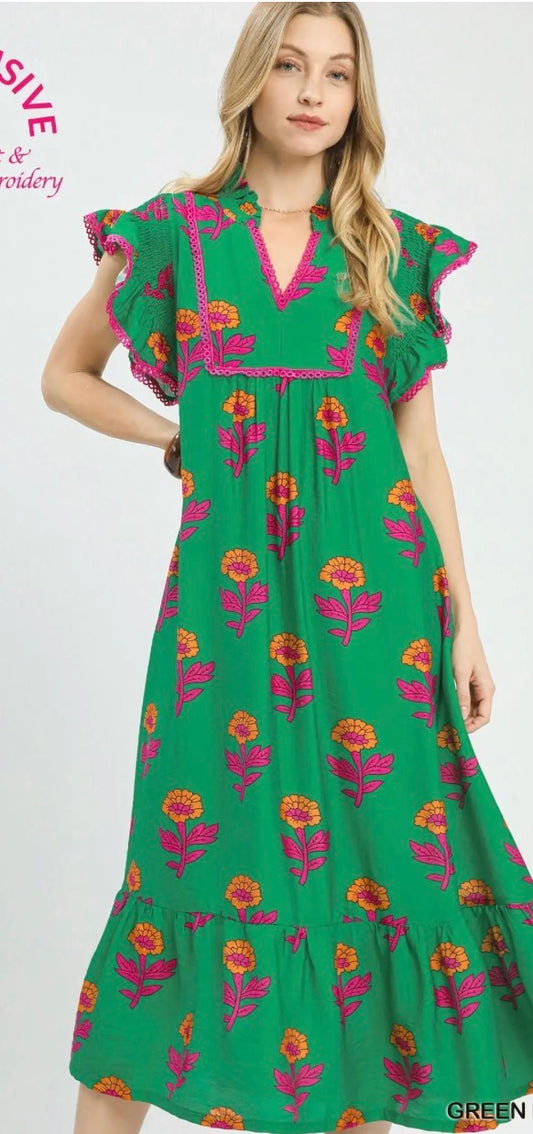 Green Floral Ruffle Trim Tiered Maxi Dress
