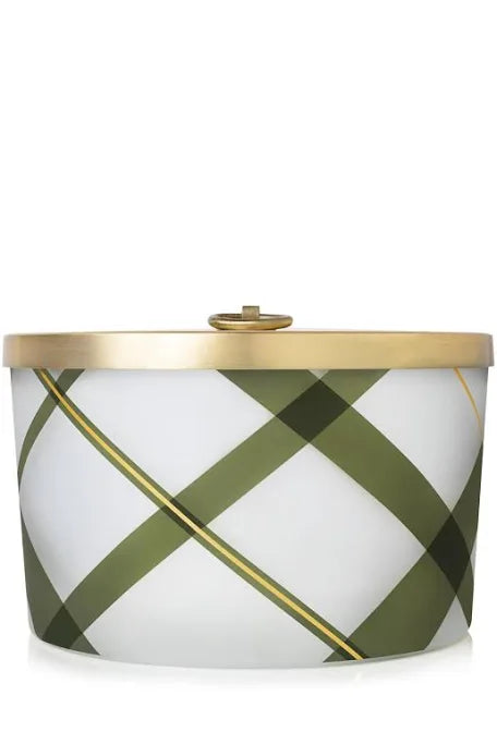 Frasier fir frosted plaid pillar candle