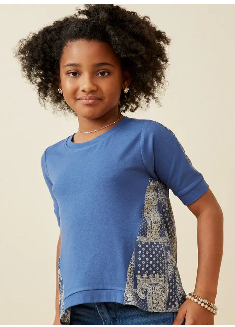 Girls Contrast Printed Princess Seam Mix Media Top