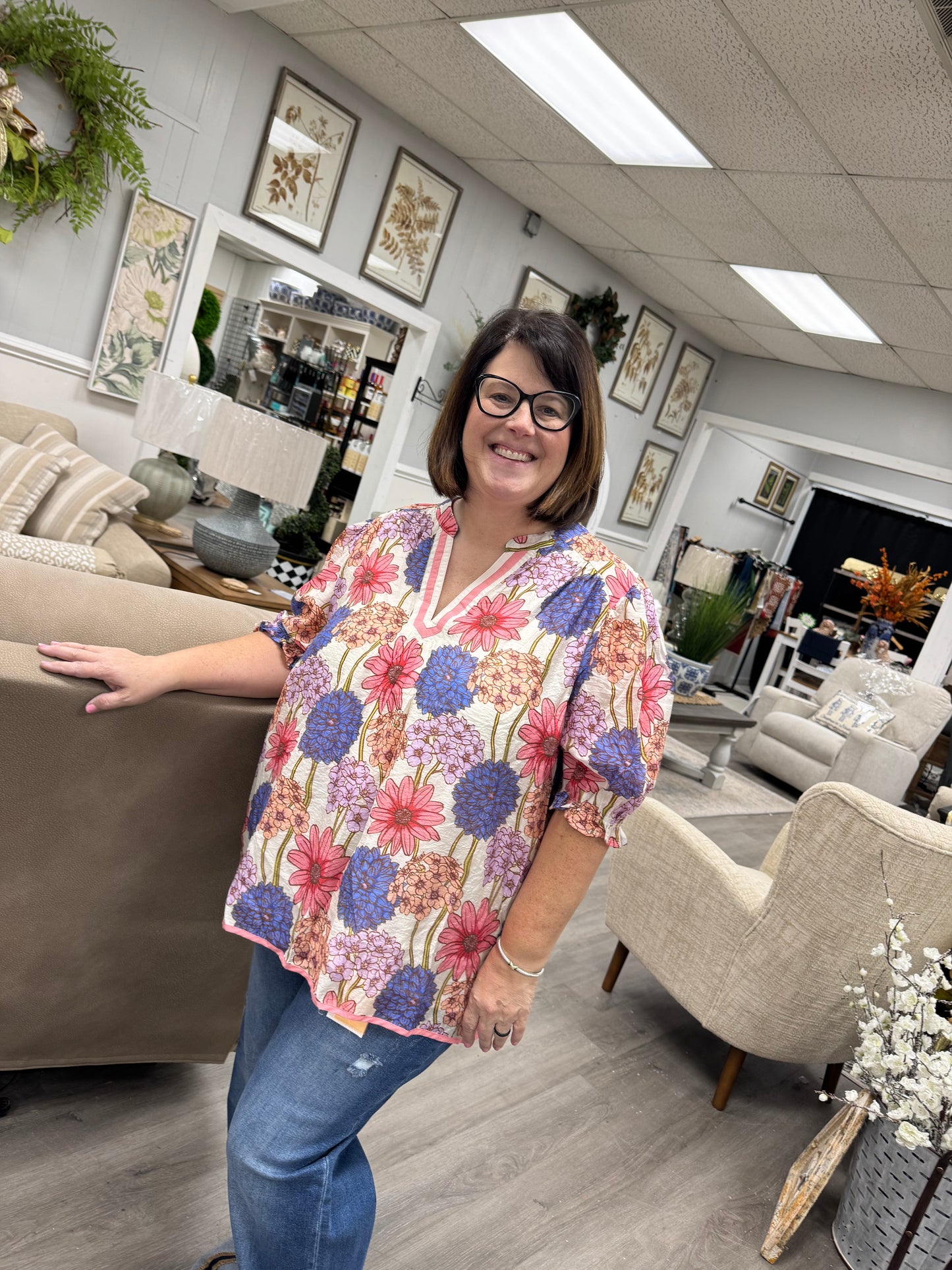 Pink Floral Print Puff Sleeve Top