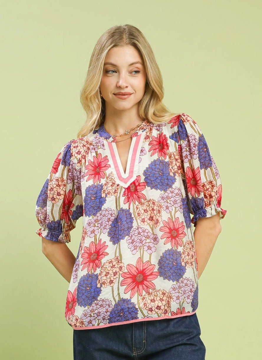 Pink Mix Floral Print Puff Sleeve Top