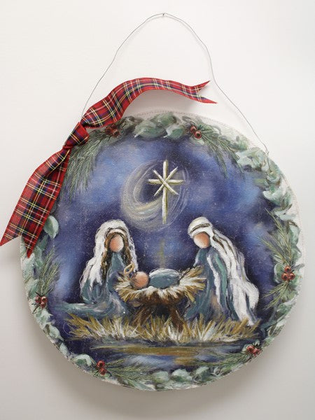 Round hand painted door hanger holy family midnight sky