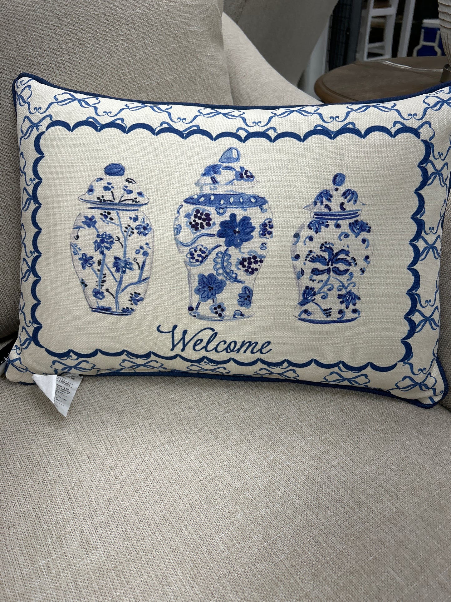 Chinoiserie Vases and Bows Pillow with Welcome