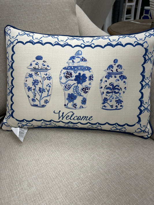 Chinoiserie Vases and Bows Pillow with Welcome