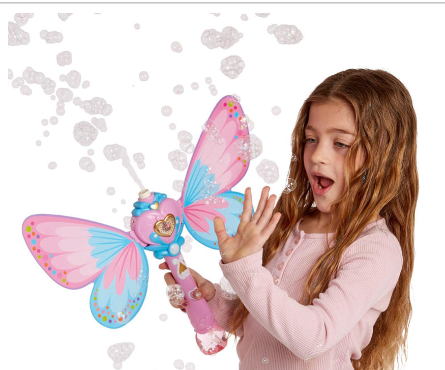 Fairy Butterfly LED Illuminating Bubble Wand Blower with Refillable Bottle and Solution in Gift Box (requires 3 AA batteries, not included, replaceable) - Plastic/Bubble Solution
