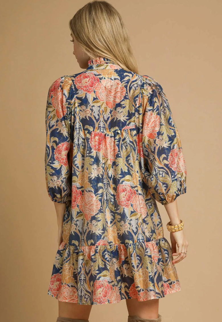 Navy Abstract Print Puff Sleeve Mini Dress