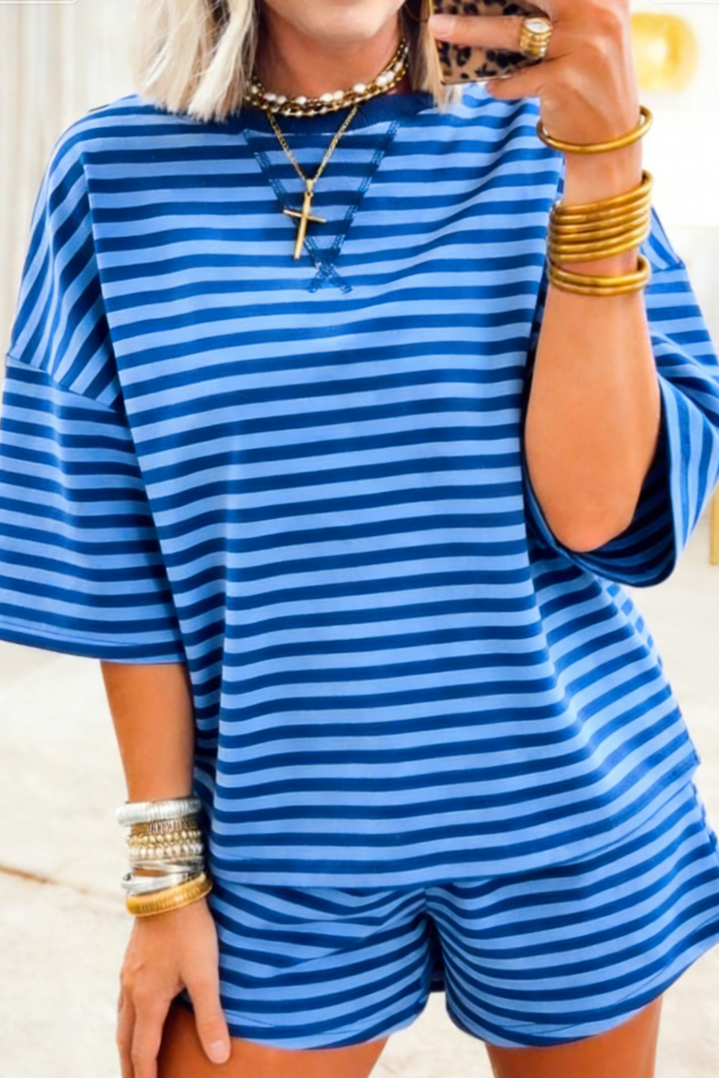 LDC Stripe Dropped Shoulder Tee Loose 2pcs Short Set