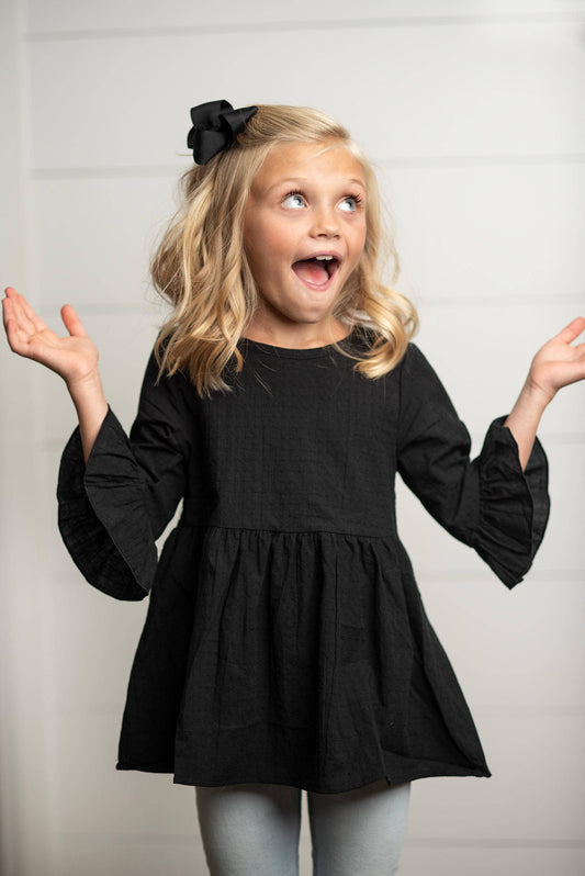 Kids Black Ruffle Long Sleeve Winter Shirt With Buttons